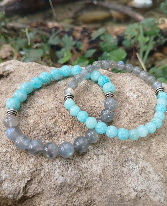 Bracelet Noreld en labradorite AA et amazonite AAA, pierres naturelles, en lumière extérieure, perles 6 ou 8mm — Zoéline