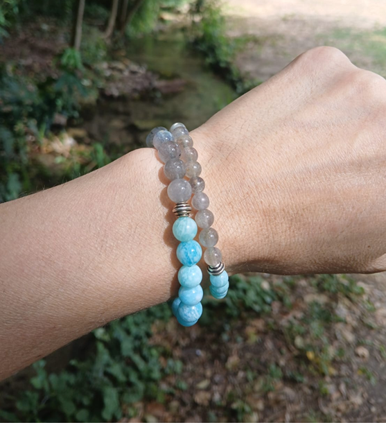 Bracelet Noreld en labradorite AA et amazonite AAA, pierres naturelles, porté poignet en lumière extérieure, perles 6 ou 8mm — Zoéline