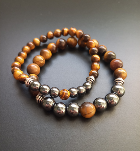 Bracelet Sylvaé en oeil de tigre AAA et hématite AAA, pierres naturelles, perles 6 ou 8mm — Zoéline