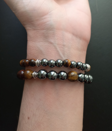 Bracelet Sylvaé en oeil de tigre AAA et hématite AAA, pierres naturelles, porté poignet, perles 6 ou 8mm — Zoéline