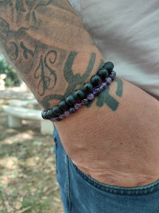 Bracelet jaspe rouge AAA et améthyste AAA, pierres naturelles, porté poignet homme en lumière extérieure, perles 4, 6 ou 8mm — Zoéline