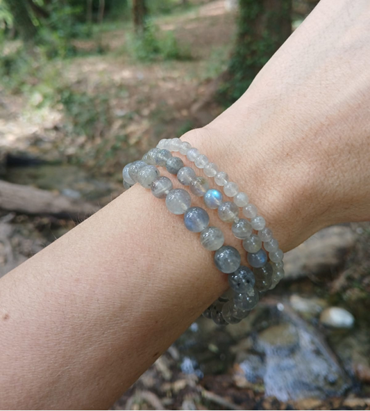 Bracelet labradorite naturelle AA, porté poignet en lumière extérieure, perles 4, 6 ou 8mm — Zoéline