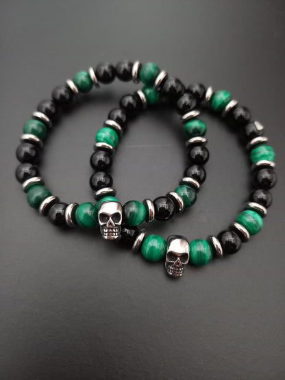 Bracelet Raven, en onyx AA et malachite AAA, pierres naturelles, et tete de mort en acier inoxydable — Zoéline