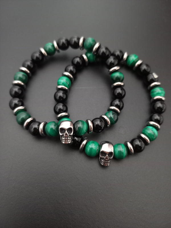 Bracelet Raven, en onyx AA et malachite AAA, pierres naturelles, et tete de mort en acier inoxydable — Zoéline