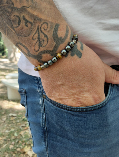 Bracelet Sylvaé en oeil de tigre AAA et hématite AAA, pierres naturelles, porté poignet homme en lumière extérieure, perles 6mm — Zoéline