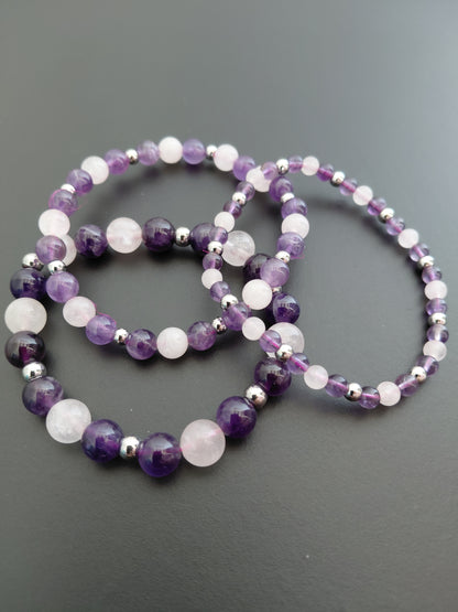 Bracelet Amarose, en améthyste AAA et quartz rose AA, pierres naturelles, perles 4, 6 ou 8mm — Zoéline
