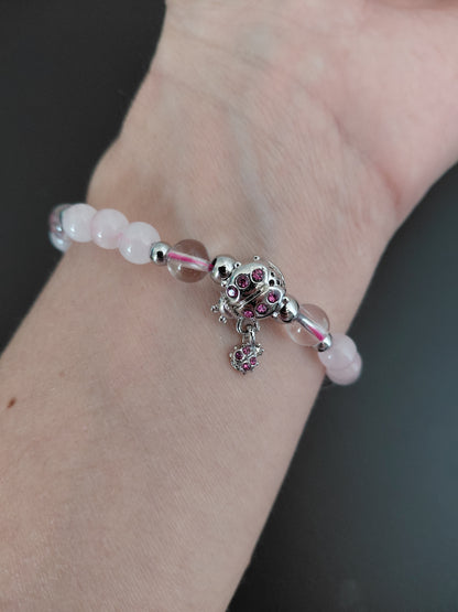 Bracelet Koxi en cristal de roche naturel AAA et quartz rose AA, perles 6mm, portés poignet — Zoéline