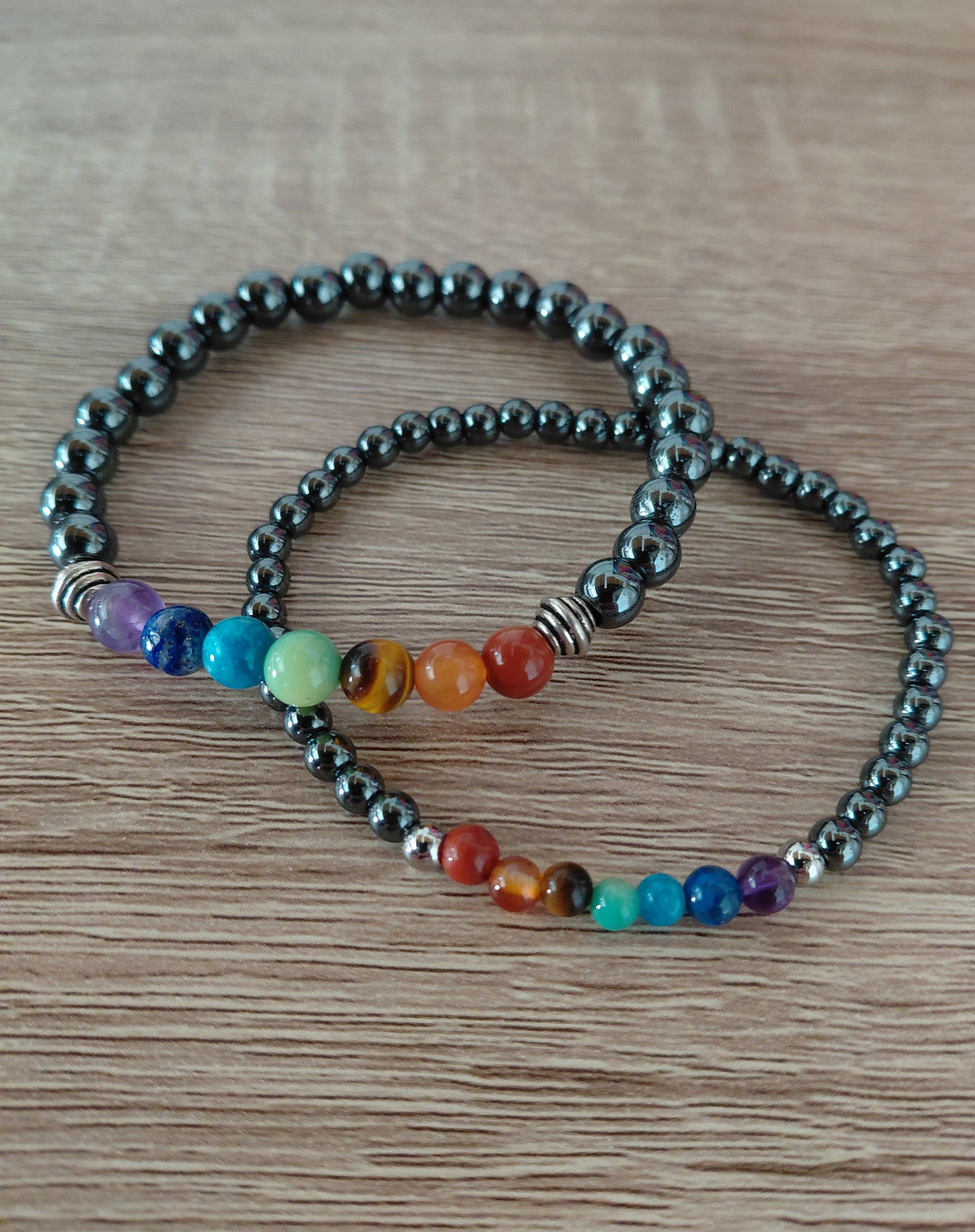 Bracelet 7 chakras et hématite, en pierres naturelles, perles 4 ou 6mm — Zoéline