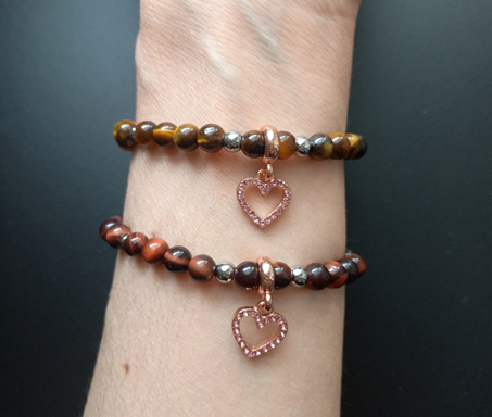 Bracelets Elaris Doré et Elaris rouge, en oeil de tigre AAA OU oeil de taureau AAA, pierres naturelles,  porté poignet, perles 6mm — Zoéline