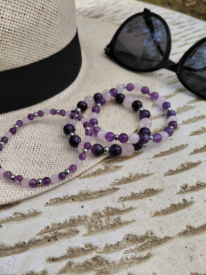Bracelet Amarose, en améthyste AAA et quartz rose AA, pierres naturelles,  en lumière exterieure, perles 4, 6 ou 8mm — Zoéline