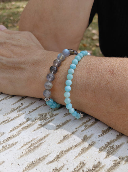Bracelet Noreld en labradorite AA et amazonite AAA, pierres naturelles, porté poignet en lumière extérieure, perles 6 ou 8mm — Zoéline