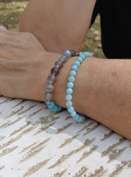 Bracelet Noreld en labradorite AA et amazonite AAA, pierres naturelles, porté poignet en lumière extérieure, perles 6 ou 8mm — Zoéline