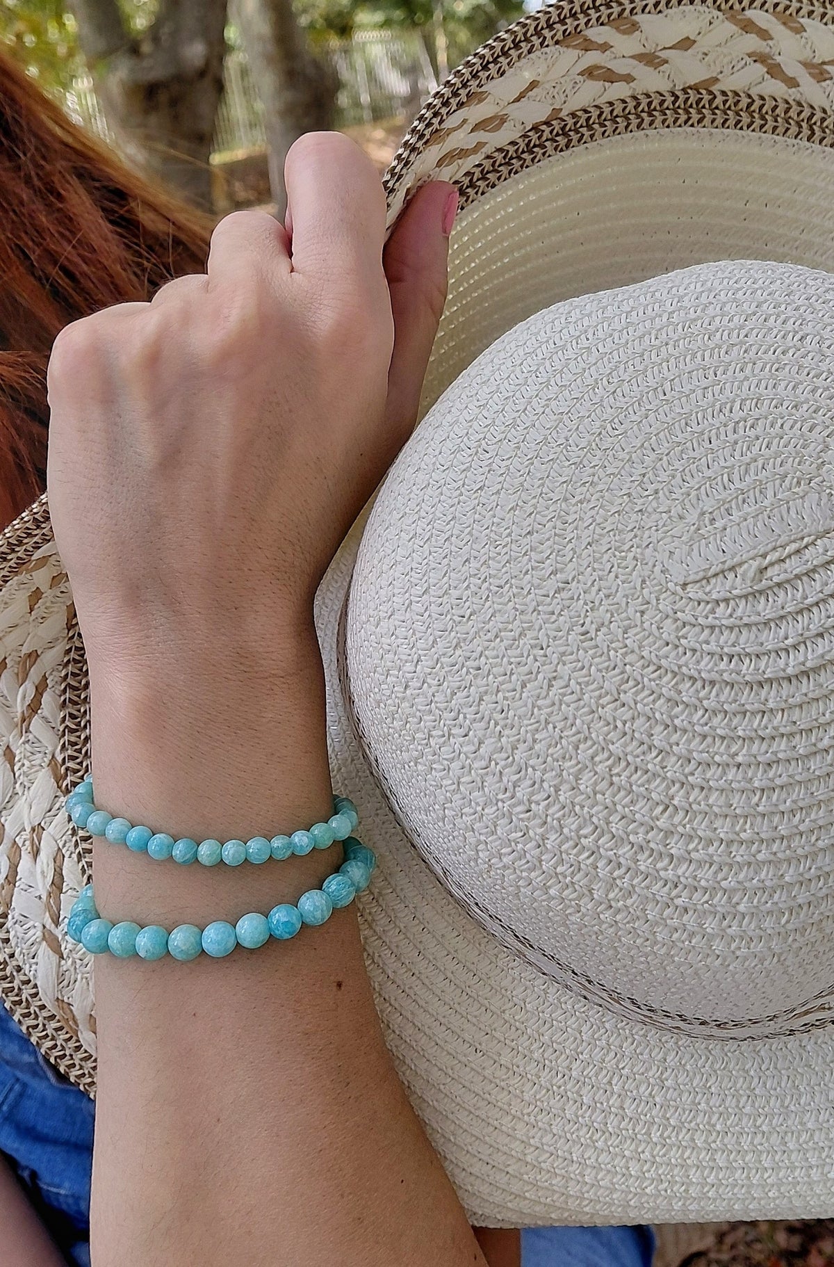 Bracelet Amazonite AAA, pierres naturelles, porté poignet en lumière extérieure, perles 6mm et 8mm — Zoéline