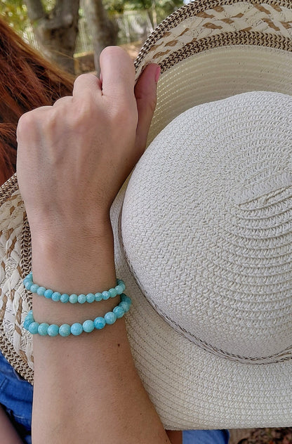 Bracelet Amazonite AAA, pierres naturelles, porté poignet en lumière extérieure, perles 6mm et 8mm — Zoéline