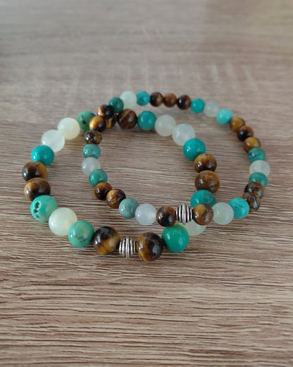Bracelet Faëlys en jade australien AAA, oeil de tigre AAA et serpentine AAA, pierres naturelles, perles 6 ou 8mm — Zoéline