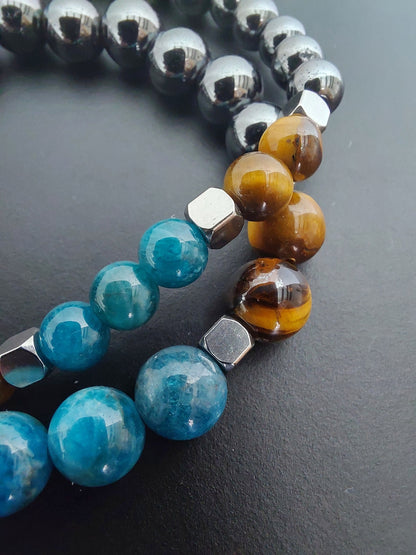 Bracelet Aro, hématite AAA, oeil de tigre AAA et apatite AA, pierres naturelles,  perles 6 ou 8mm — Zoéline
