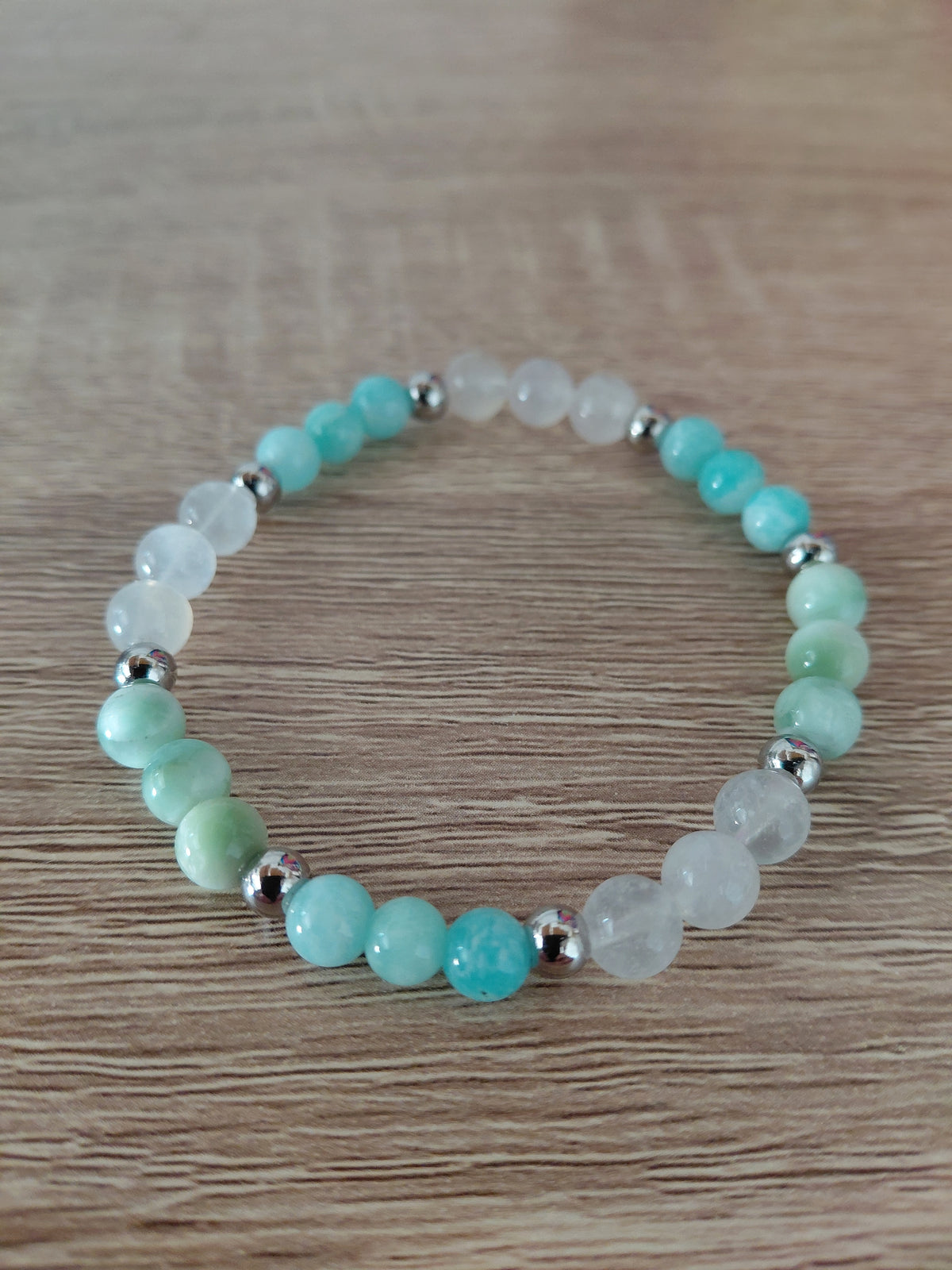 Bracelet Nérée Celeste, en amazonite AAA, angélite AAA et pierre de lune AA, pierres naturelles, perles 6mm — Zoéline