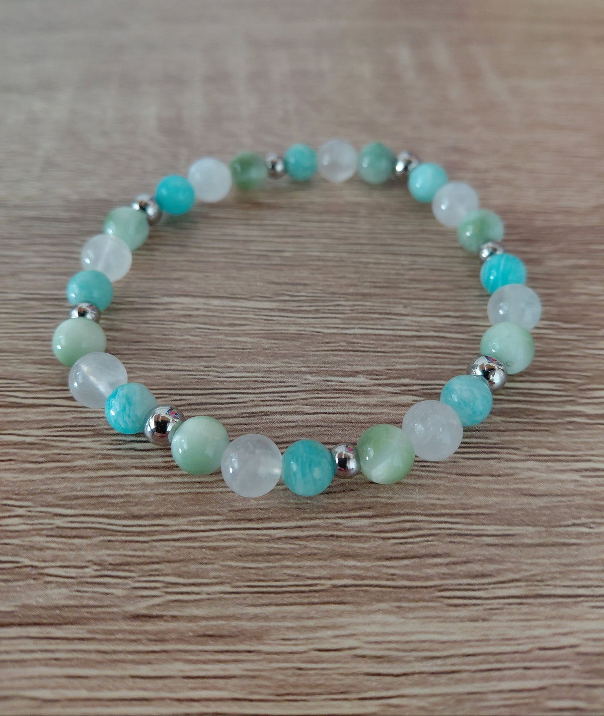 Bracelet Nérée Nacre, en amazonite AAA, angélite AAA et pierre de lune AA, pierres naturelles, perles 6mm — Zoéline