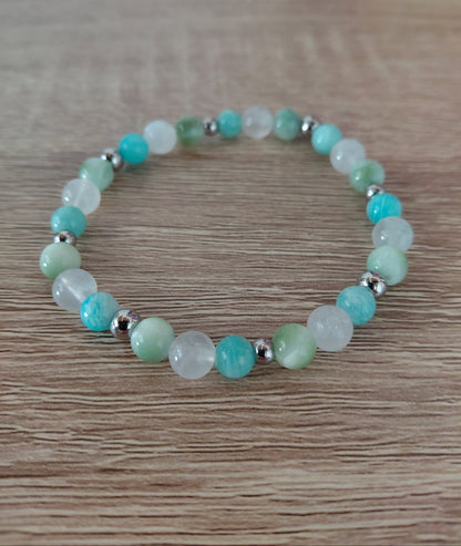 Bracelet Nérée Nacre, en amazonite AAA, angélite AAA et pierre de lune AA, pierres naturelles, perles 6mm — Zoéline