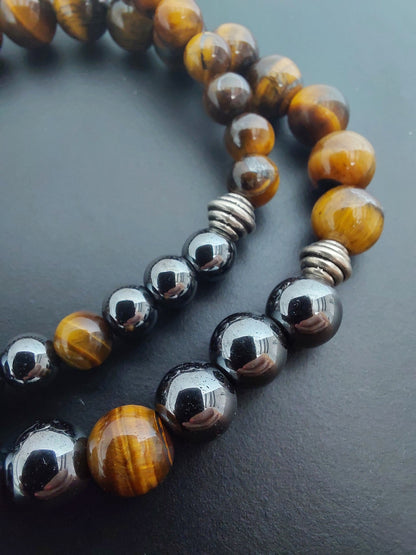 Bracelet Sylvaé en oeil de tigre AAA et hématite AAA, pierres naturelles, perles 6 ou 8mm — Zoéline