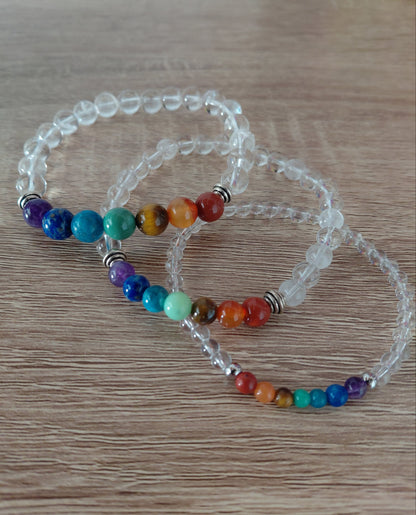 Bracelet 7 chakras et cristal de roche, en pierres naturelles, perles 4, 6 ou 8mm — Zoéline
