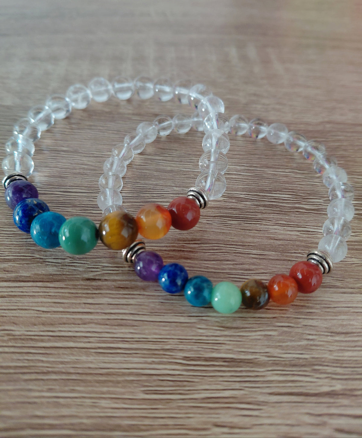 Bracelet 7 chakras et cristal de roche, en pierres naturelles, perles 6 ou 8mm — Zoéline