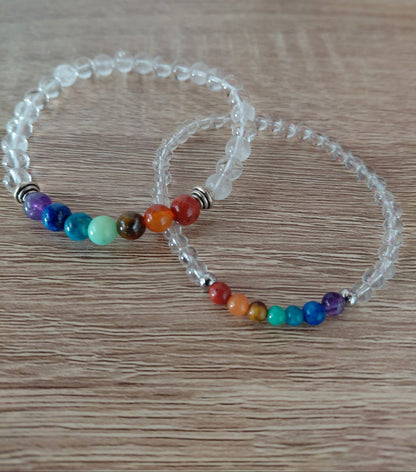 Bracelet 7 chakras et cristal de roche, en pierres naturelles, perles 4 ou 6mm — Zoéline