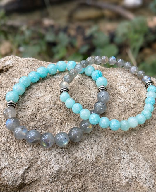 Bracelet Noreld en labradorite AA et amazonite AAA, pierres naturelles, en lumière extérieure, perles 6 ou 8mm — Zoéline