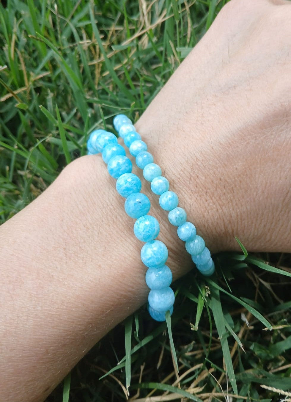 Bracelet Amazonite AAA, pierres naturelles, porté poignet en lumière extérieure, perles 6mm et 8mm — Zoéline