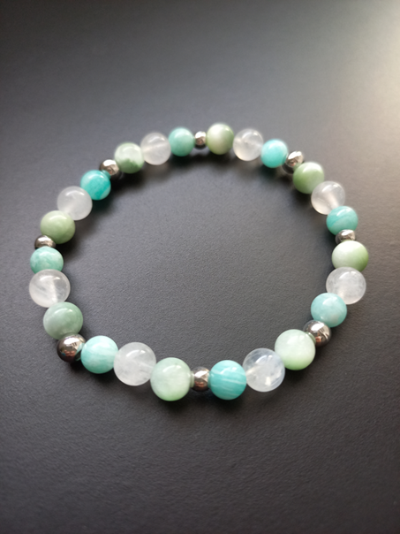 Bracelet Nérée Nacre, en amazonite AAA, angélite AAA et pierre de lune AA, pierres naturelles, perles 6mm — Zoéline