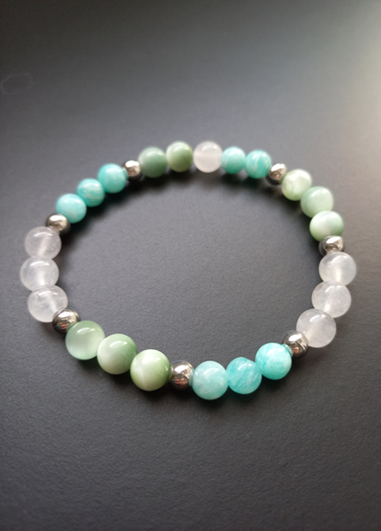 Bracelet Nérée Celeste, en amazonite AAA, angélite AAA et pierre de lune AA, pierres naturelles, perles 6mm — Zoéline
